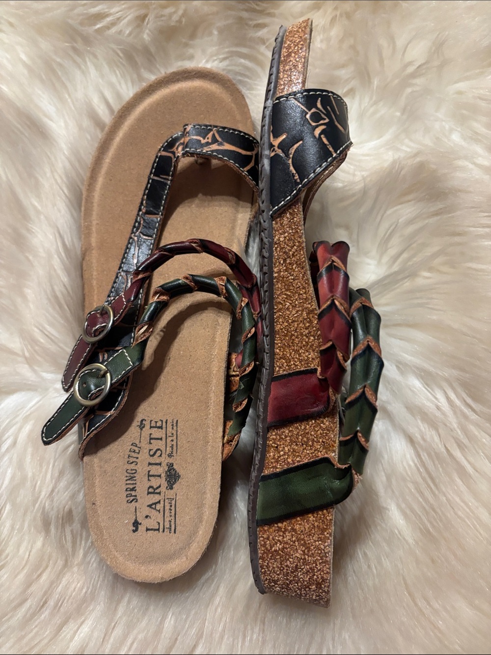 L'ATISTE by Spring Step Braided Platform Sandals in Brown, Red & Green